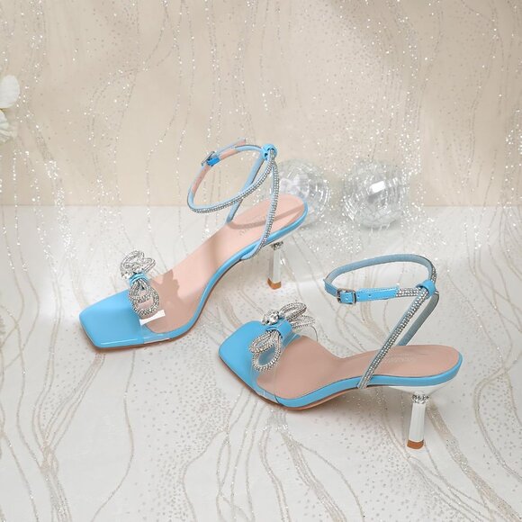 Women's Blue+bl Closed Toe Rhinestone Wedding Low Slingback Clear Kitten Heels - Picture 8 of 9